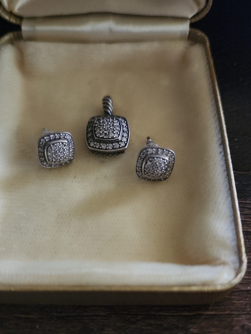 David Yurman Silver Pavé Square Drop Earrings and Pendant